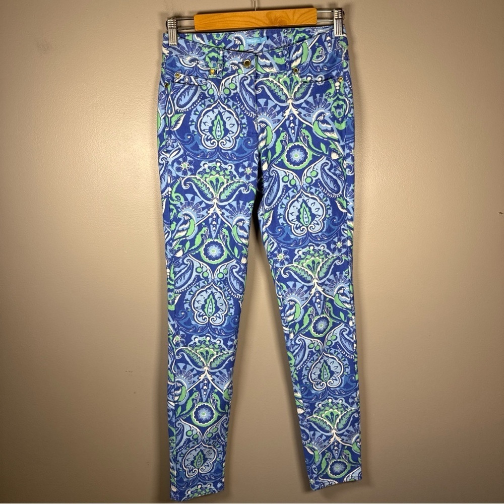 J. McLaughlin Paisley Floral Pants Size 0 Full Length Stretch Pockets Blue